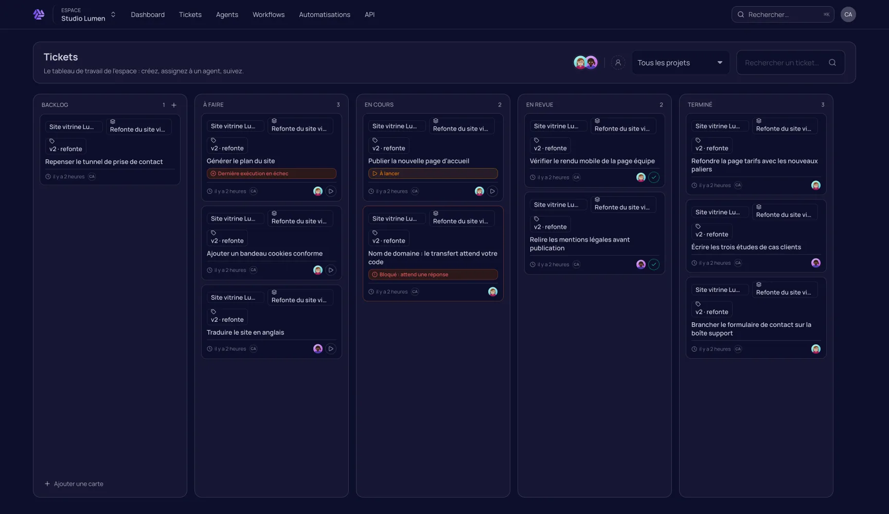 Le tableau de tickets d'un espace ERHA, du backlog au terminé