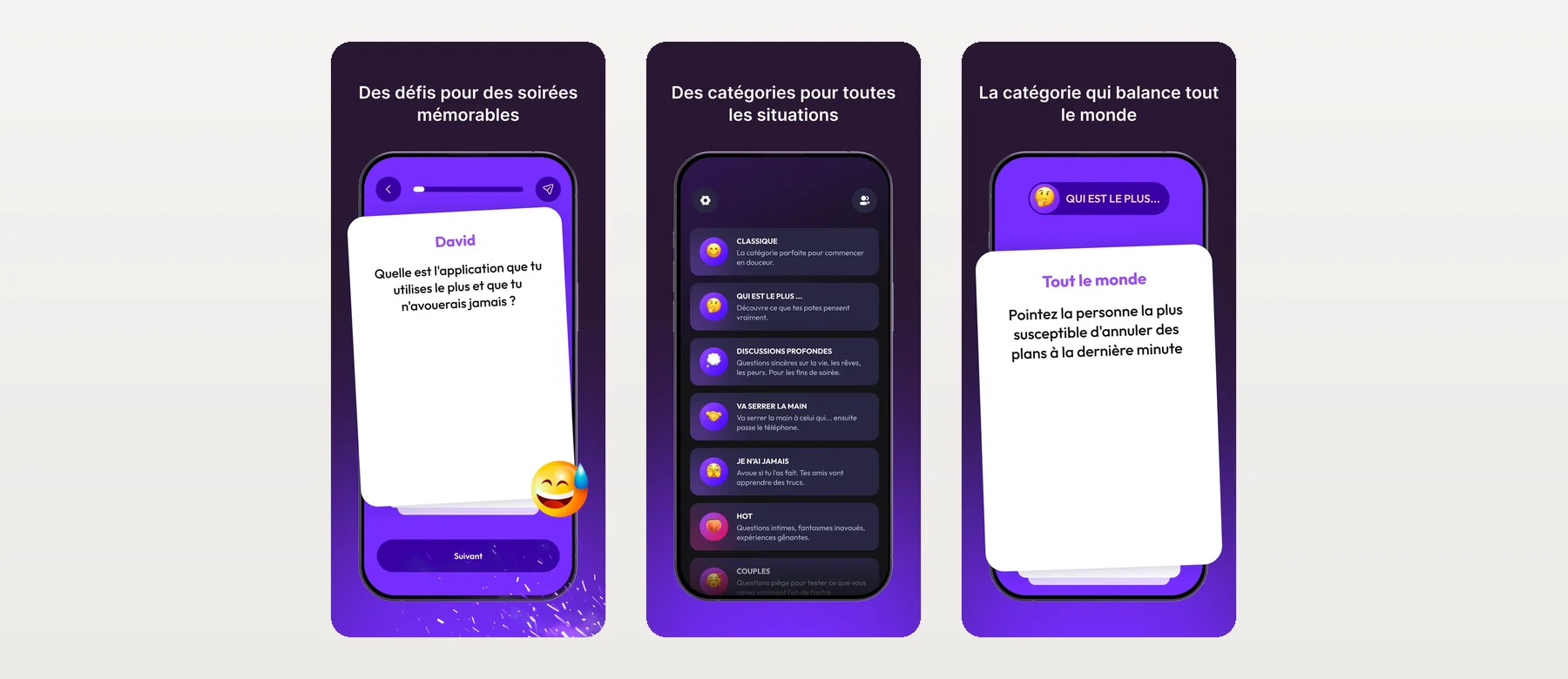 Deux écrans de Hony : une carte de jeu en cours et la liste des catégories