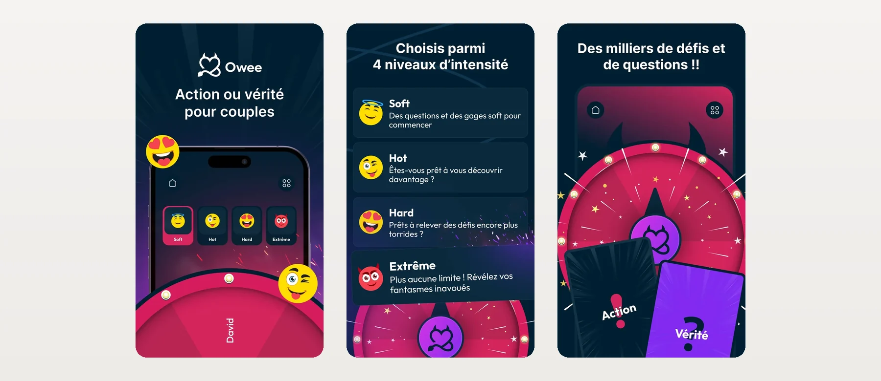 L'écran de partie d'Owee, avec les cartes Action et Vérité