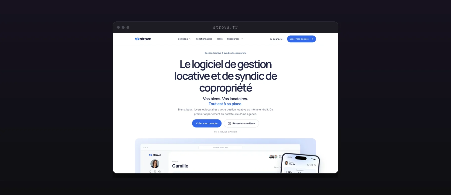 La page d'accueil du site Strova