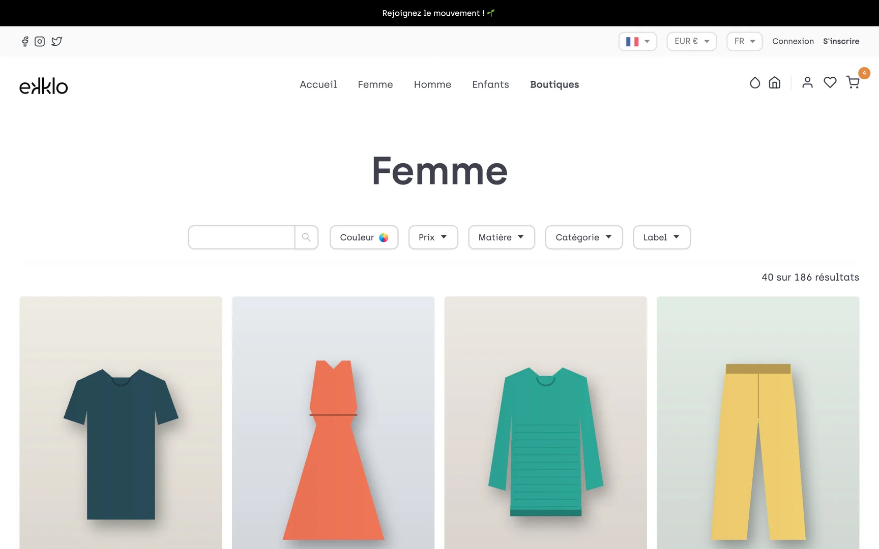 Le catalogue femme, avec ses filtres