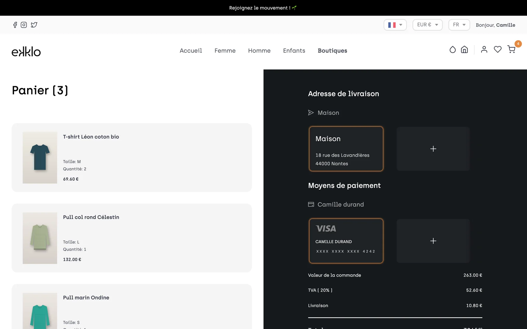 Le panier, l'adresse de livraison et le paiement