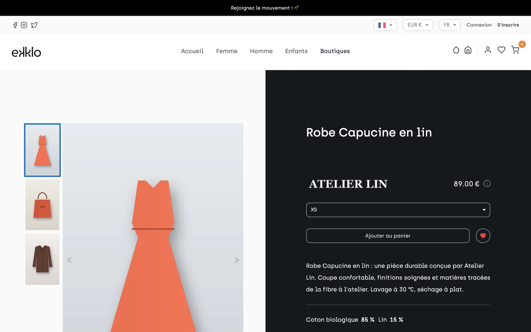 Une fiche produit, avec la marque et les matières