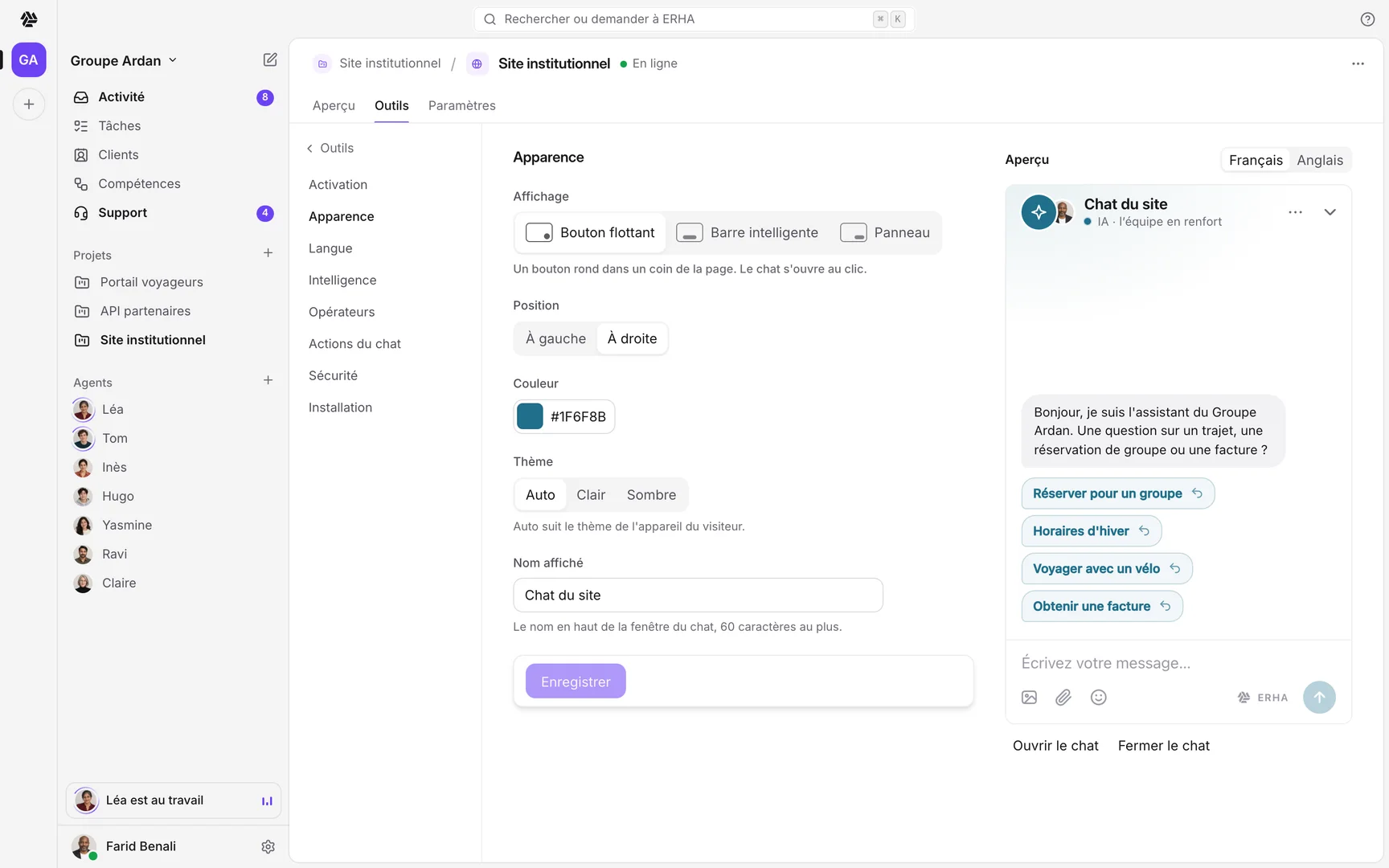 Les réglages du chat du site et son aperçu