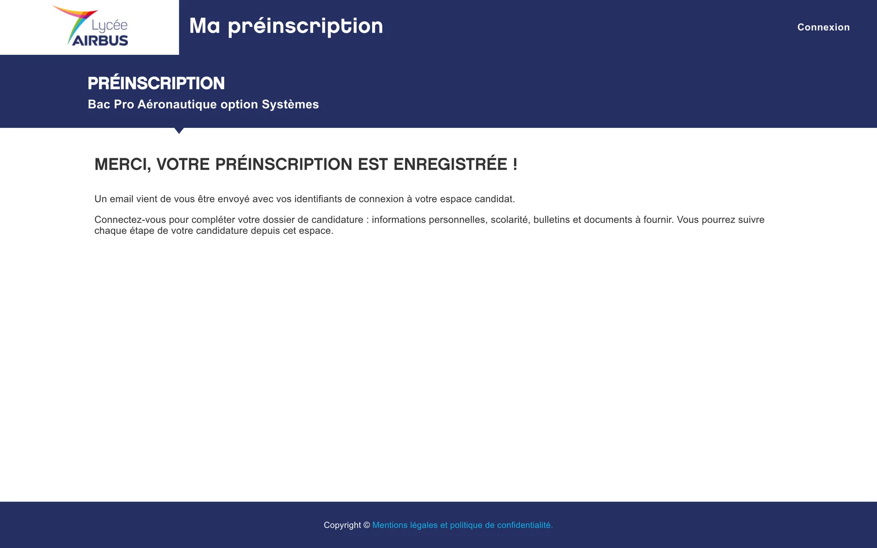 La confirmation de la préinscription