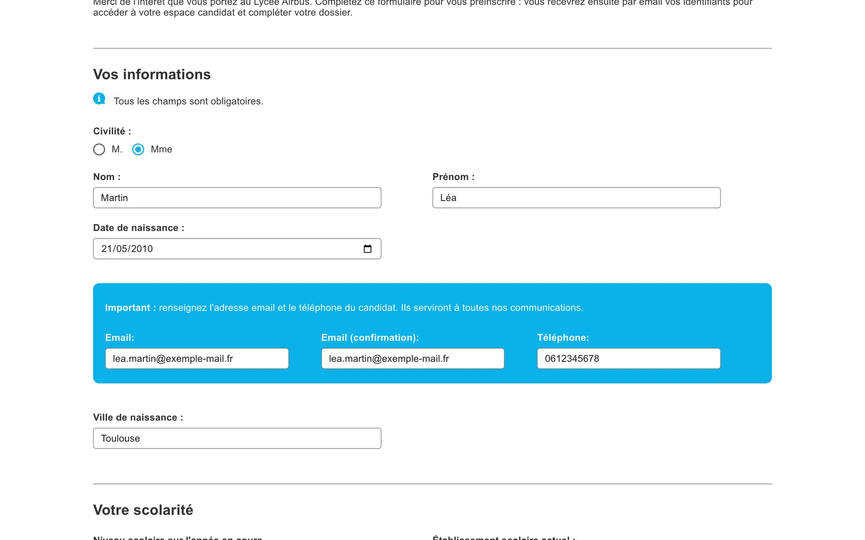 Le formulaire de préinscription du candidat
