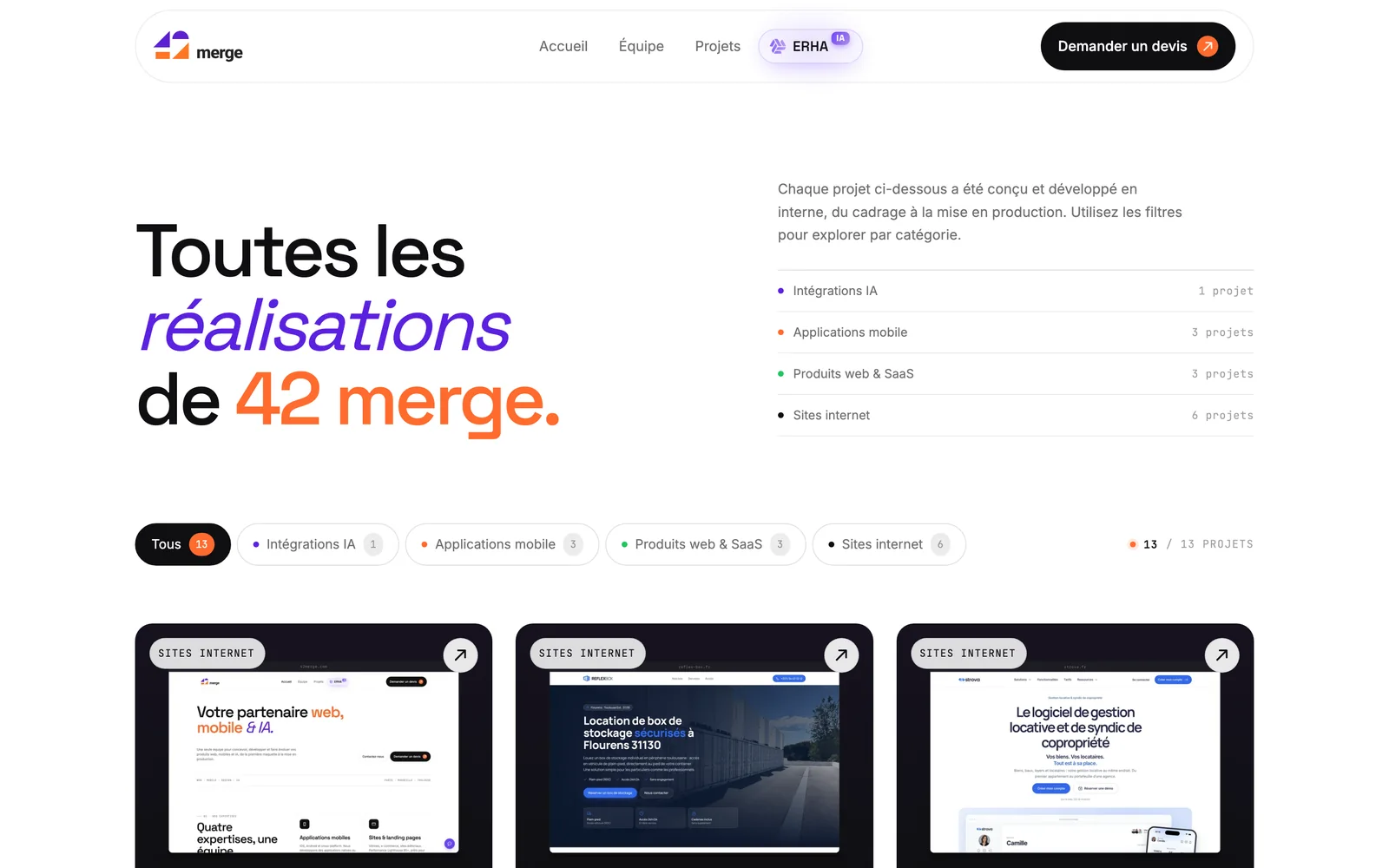 La page Projets du site 42merge