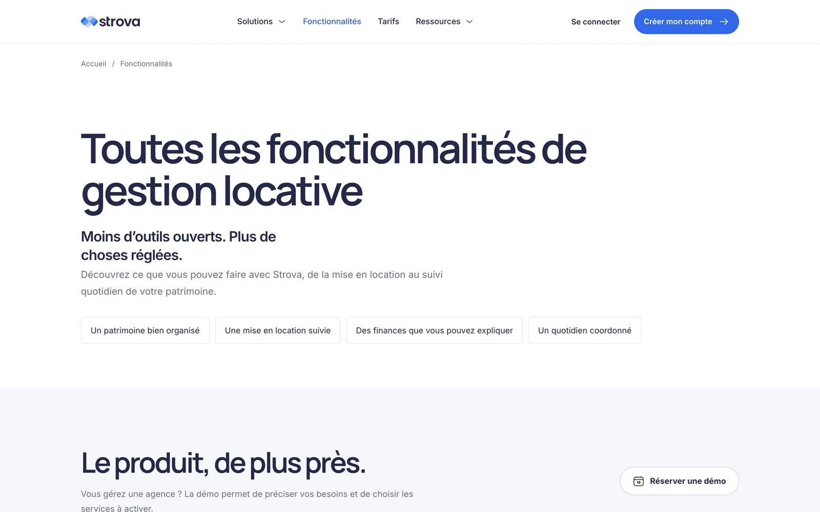 La page Fonctionnalités du site Strova
