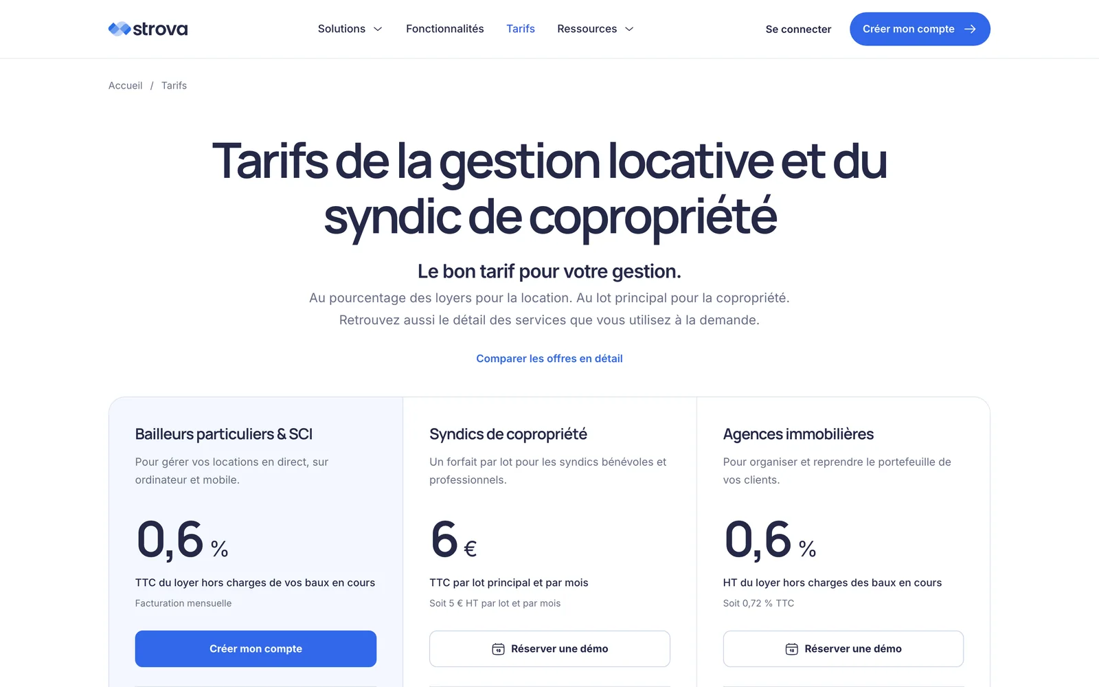 La page Tarifs du site Strova