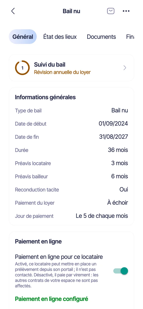 Le détail d'un bail dans l'app