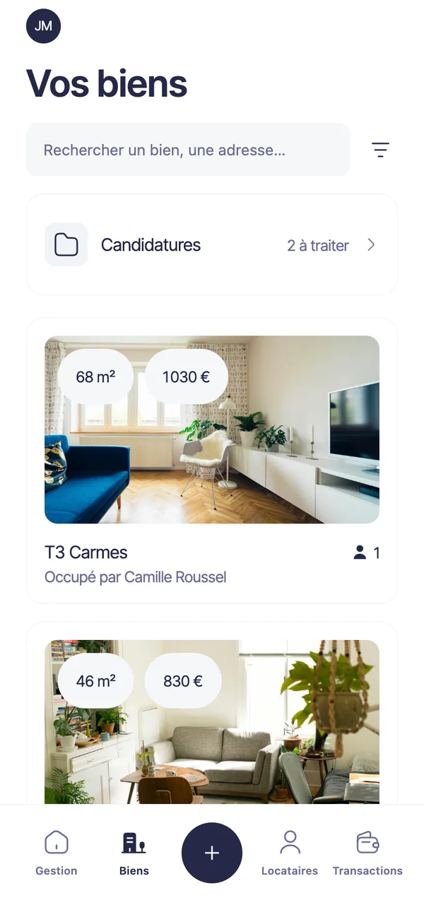 La liste des biens dans l'app