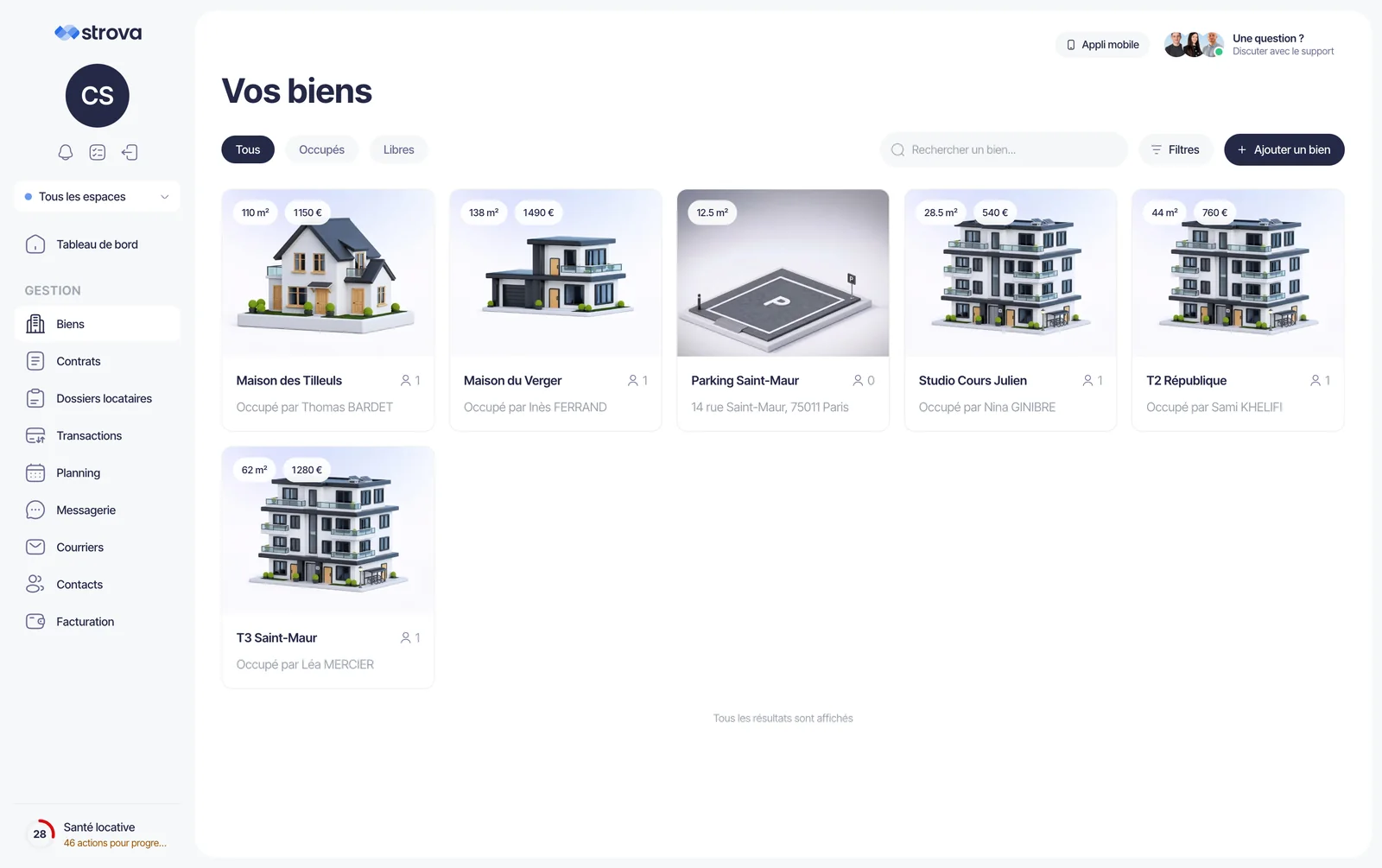 La liste des biens, avec surface, loyer et locataire